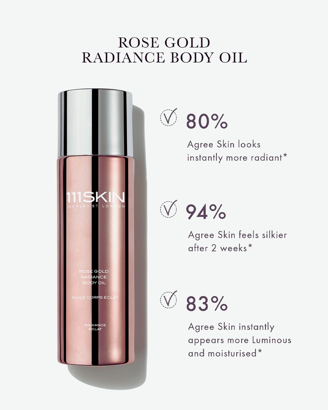 Rose gold radiance body oil bottle with user feedback on a white background