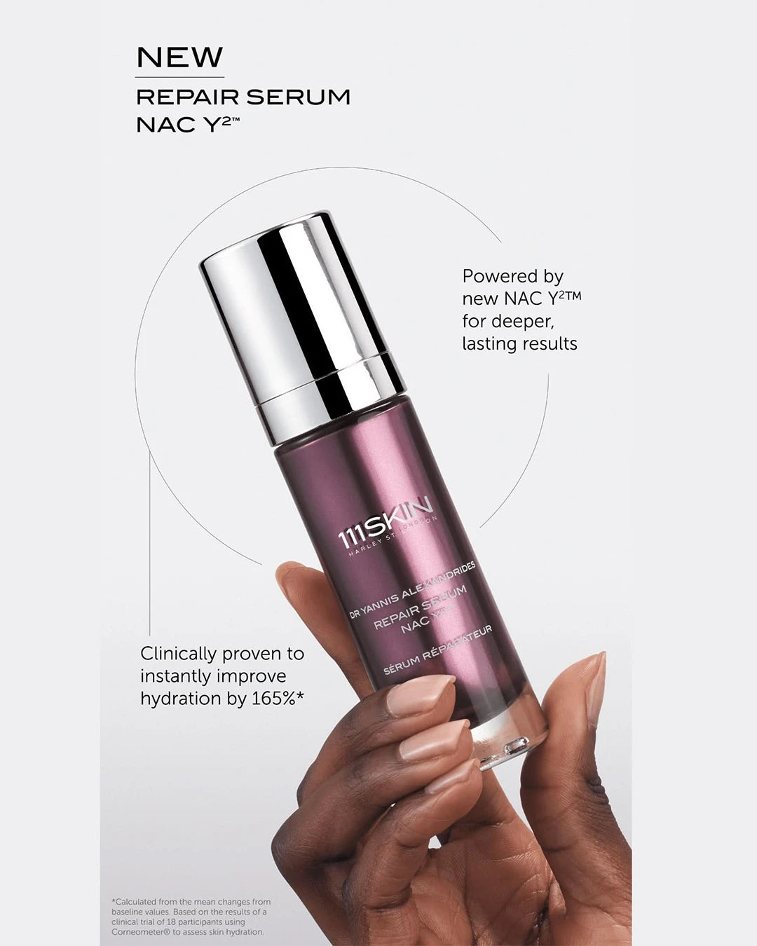 11Skin repair serum bottle held by a hand with text about NAC Y2 technology on a light gray background