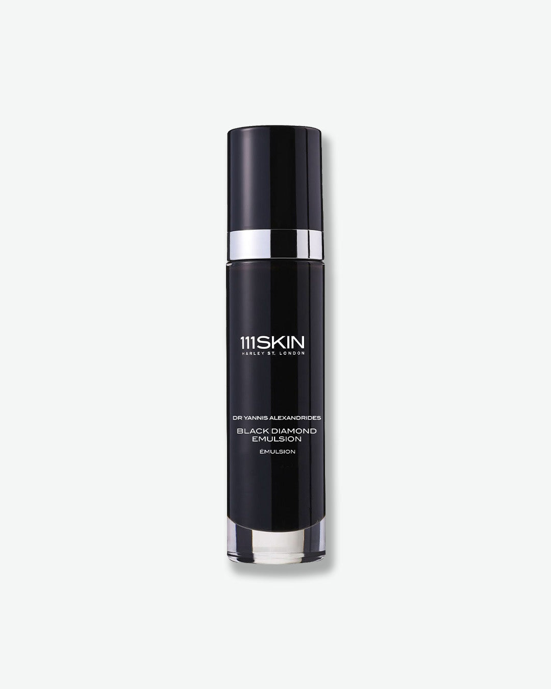 Black skincare bottle with silver cap on a white background