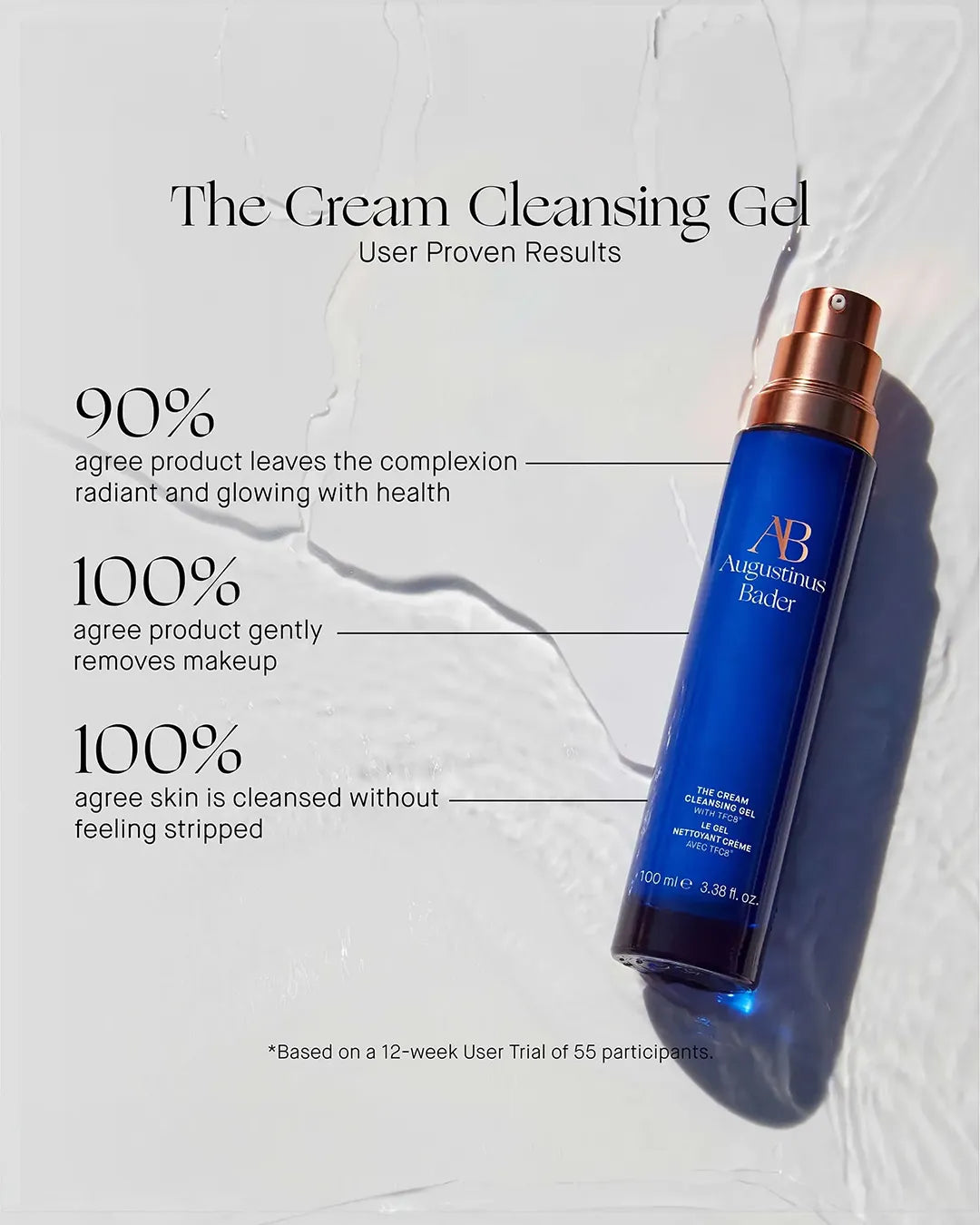 Blue skincare product with text on a light background