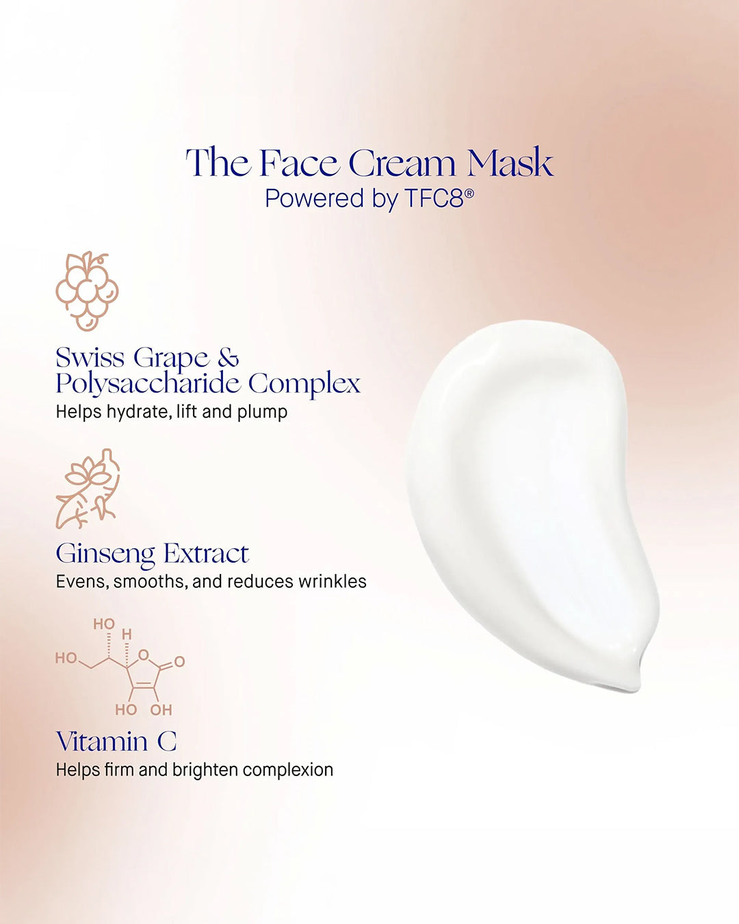Facial cream mask with ingredients and benefits on a gradient background
