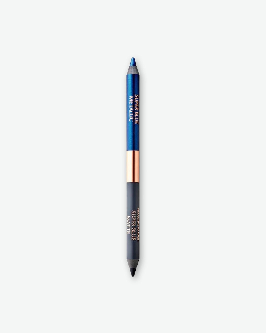 Dual-ended blue makeup pencil with a rose gold middle band on a white background
