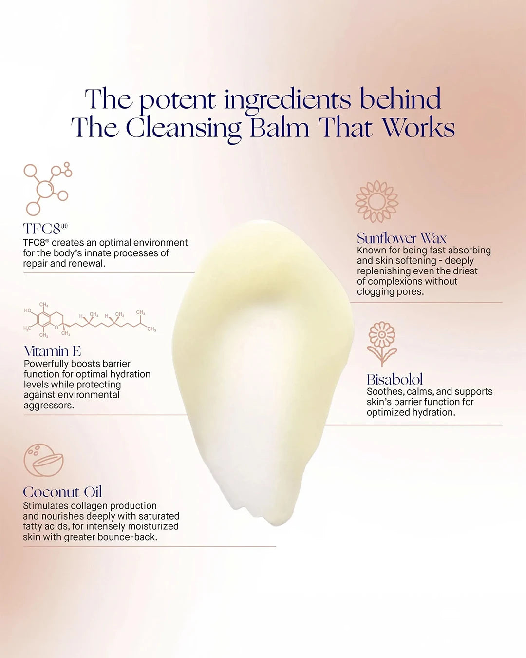 Cleansing balm with text detailing its potent ingredients on a soft pink background