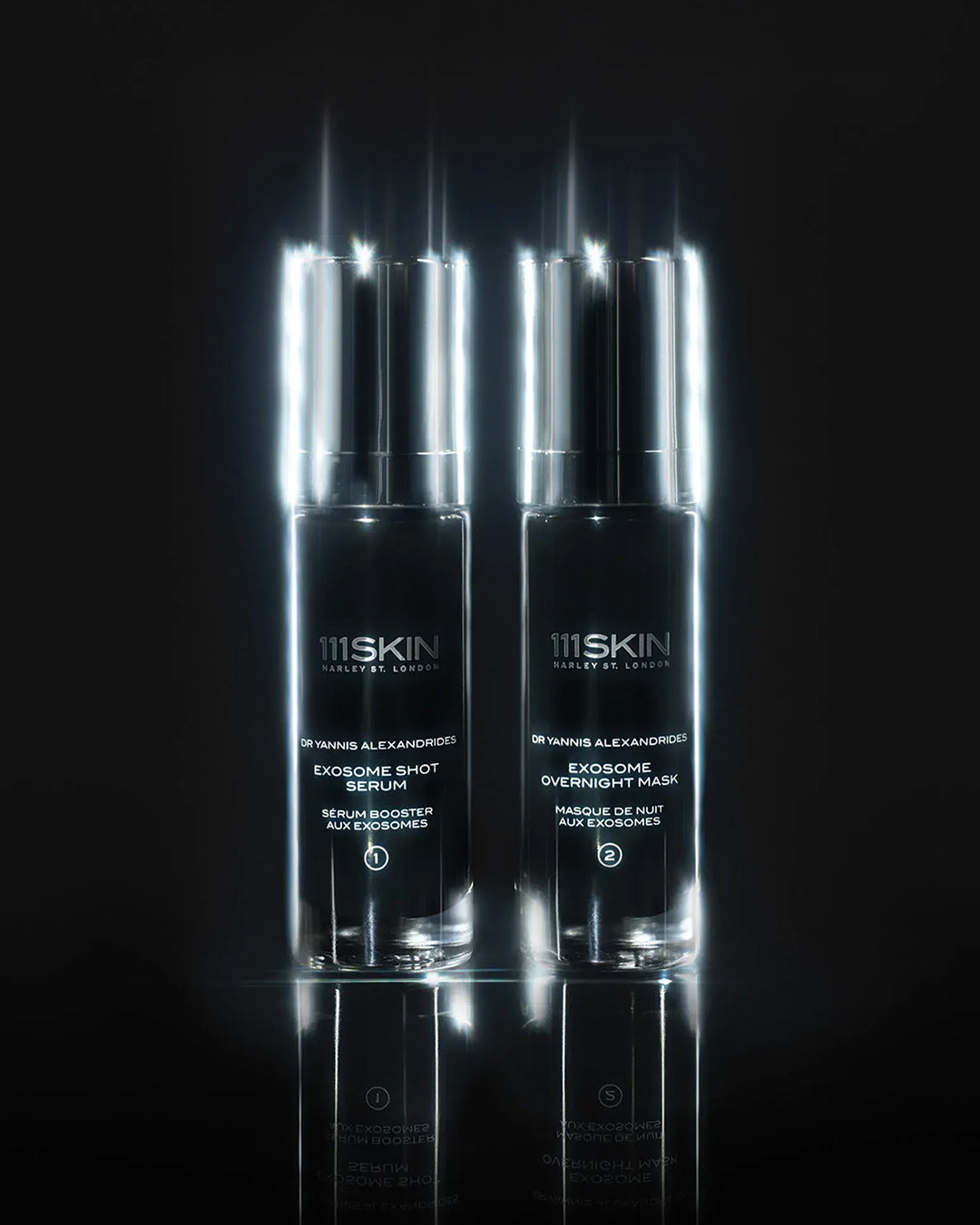 Two skincare bottles with '111SKIN' branding on a black background
