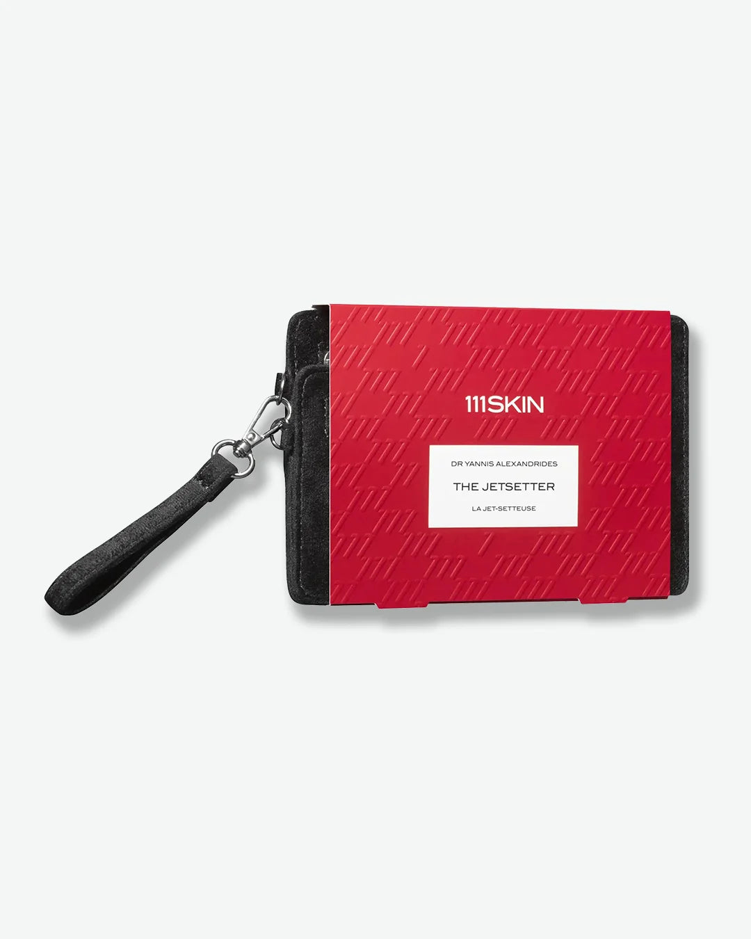 Black wallet with a strap wrapped in a paper bright red packaging cover on a white background