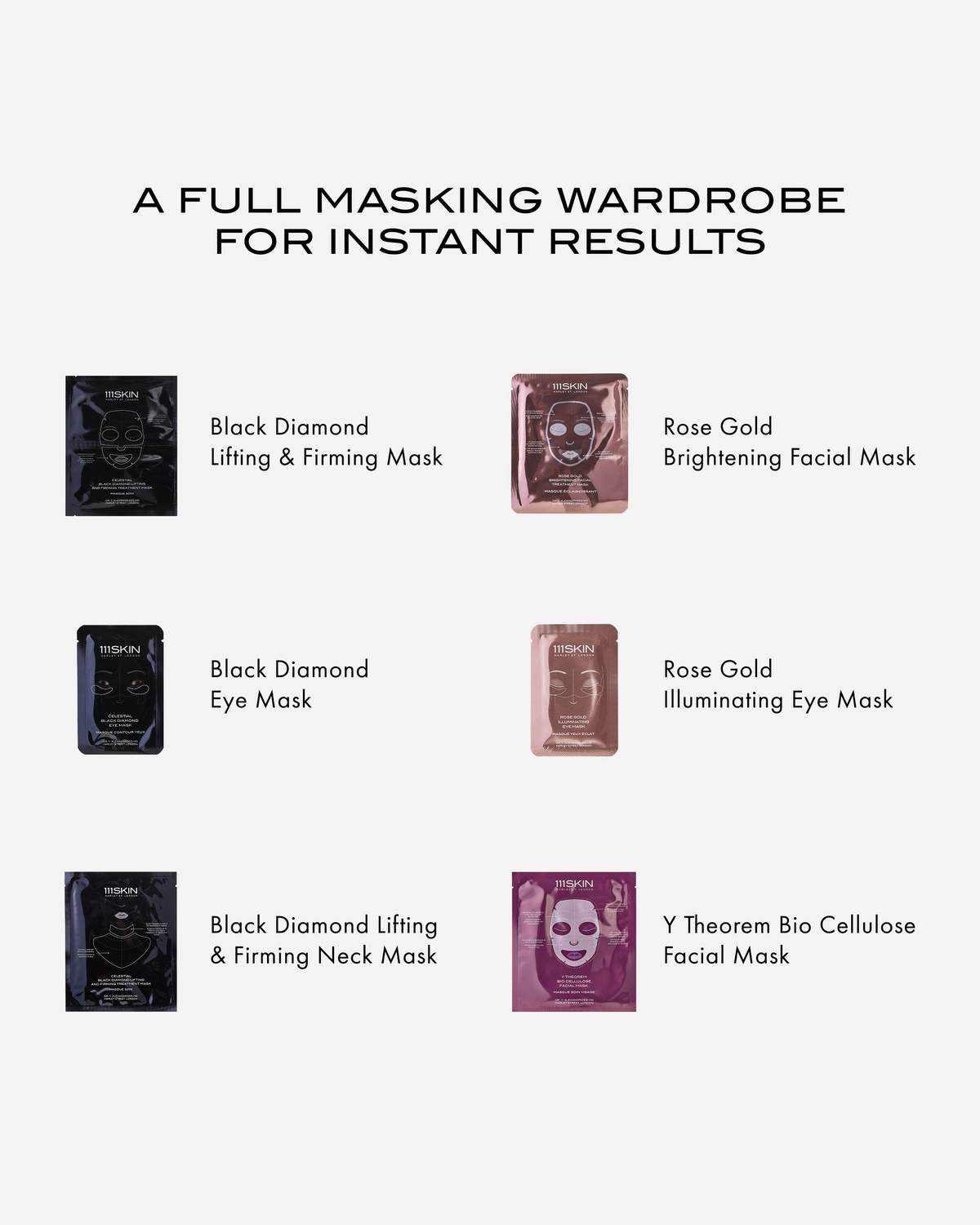 111SKIN masking collection featuring Black Diamond, Rose Gold, and Y Theorem face, eye, and neck masks.