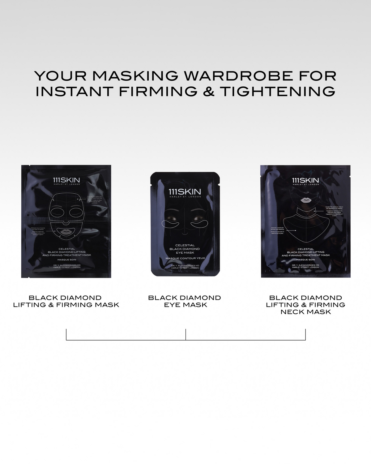 111SKIN Black Diamond masking trio with lifting and firming face mask, eye mask, and neck mask.