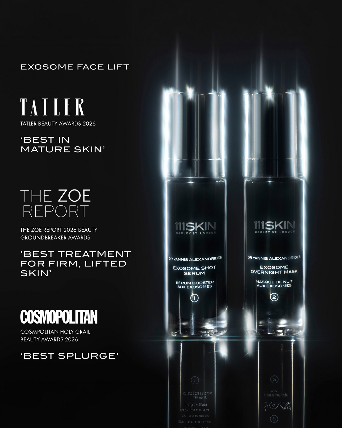 111SKIN Exosome Face Lift duo featuring Exosome Shot Serum and Exosome Overnight Mask with 2026 beauty award recognition.