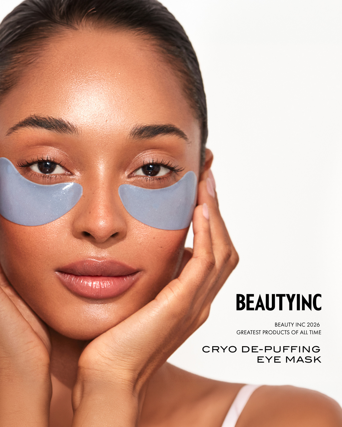 Model wearing 111SKIN Cryo De-Puffing Eye Masks, recognized by Beauty Inc as a 2026 standout eye treatment.
