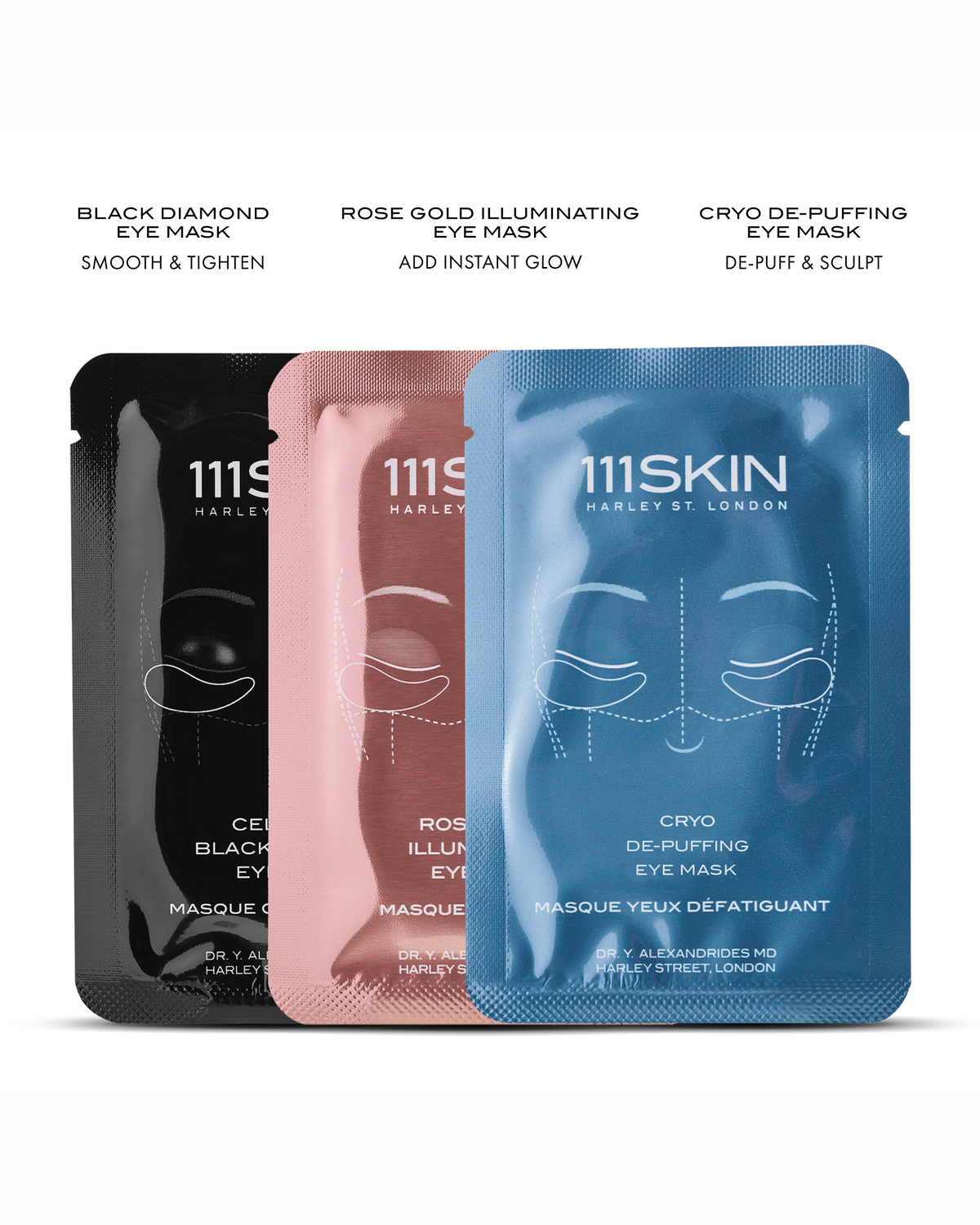 111SKIN eye mask trio featuring Black Diamond for smoothing and tightening, Rose Gold for instant glow, and Cryo De-Puffing for de-puffing and sculpting.