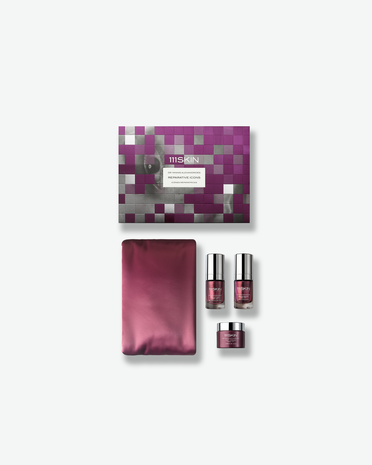 111SKIN Reparative Icons three-step routine: Repair Serum to restore, Eye Lift Gel to lift and de-puff, and Day Cream to replenish.
