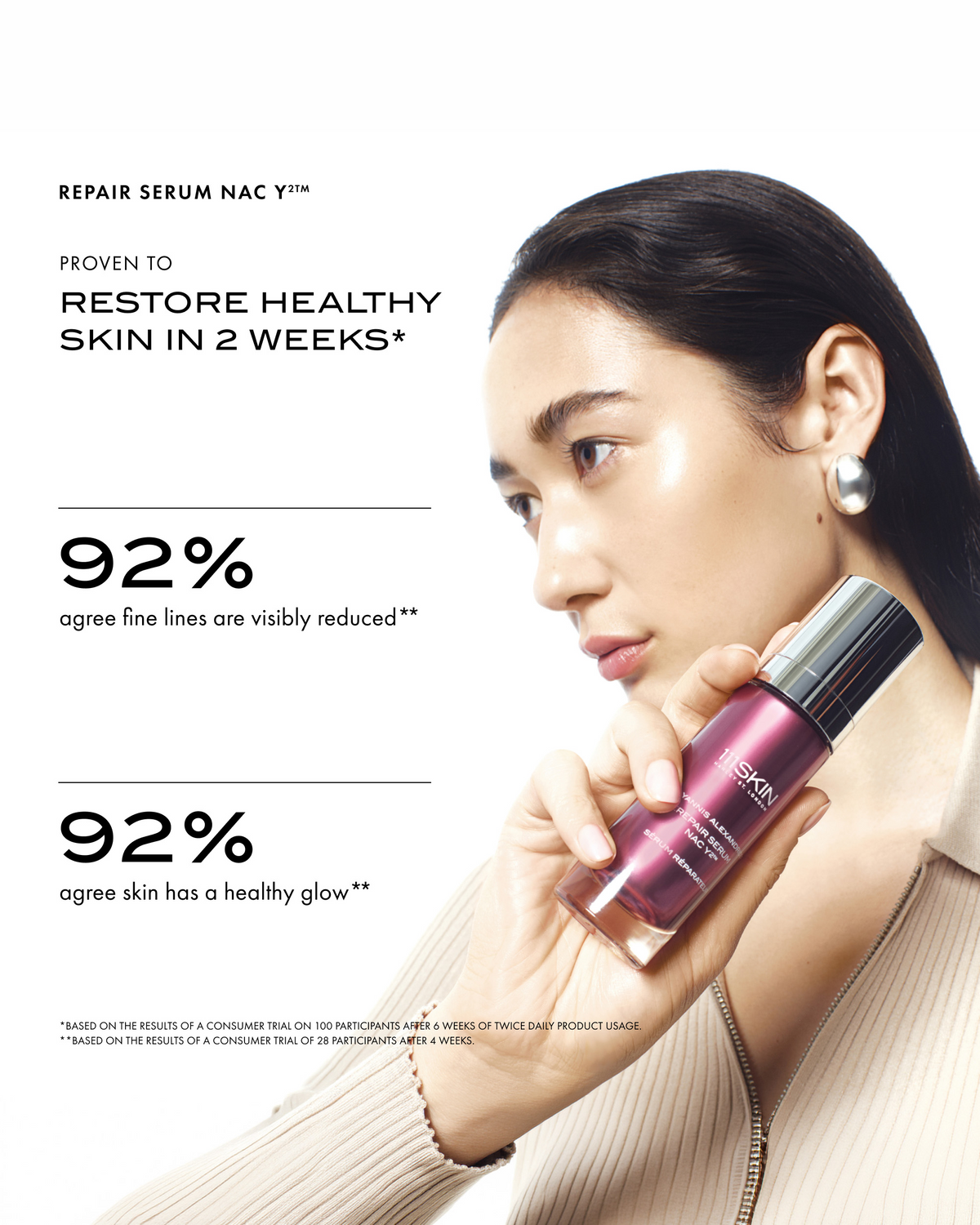 111SKIN Reparative Icons set featuring Repair Serum NAC Y², Eye Lift Gel NAC Y², Day Cream NAC Y², and a burgundy satin pouch.