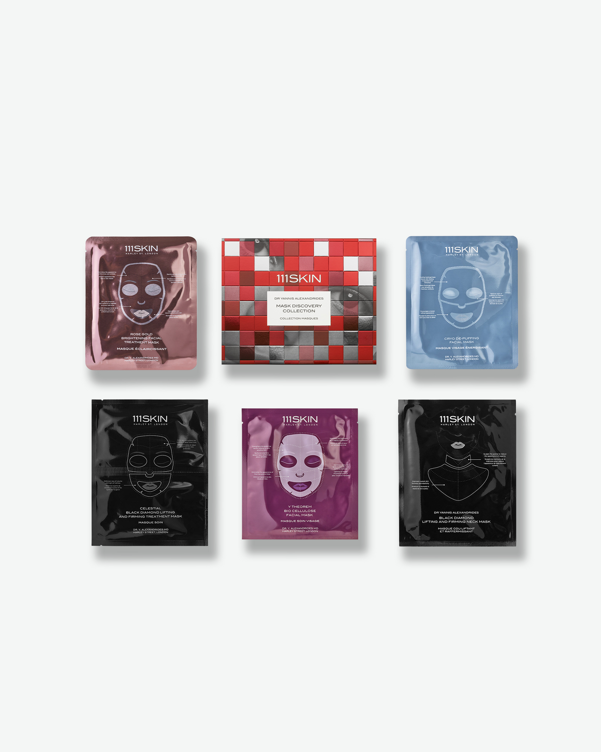 111SKIN Mask Discovery Collection featuring five targeted face and neck masks in rose gold, blue, purple, and black packaging.