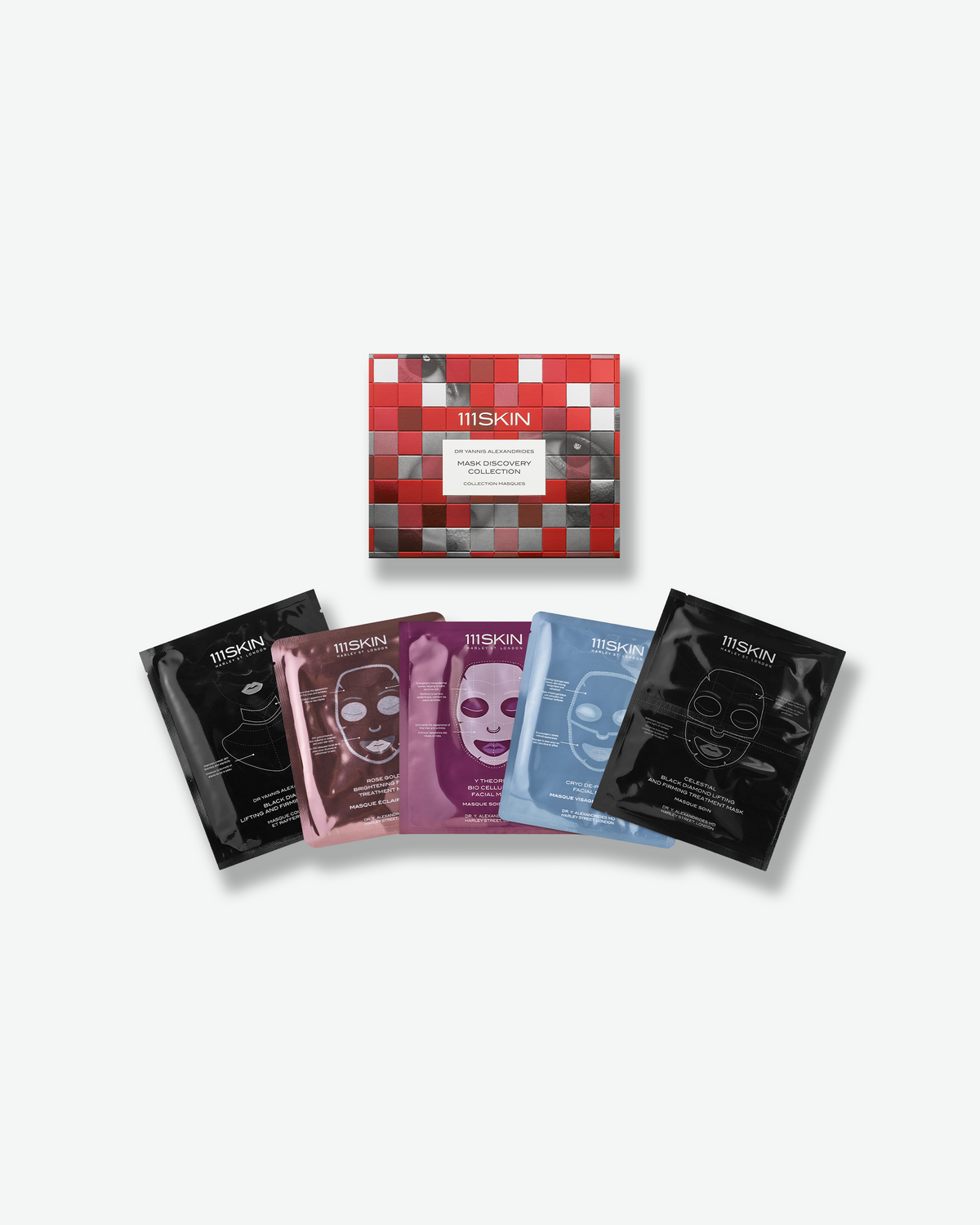 111SKIN Mask Discovery Collection with five sheet masks fanned out beneath the red-and-silver gift box.