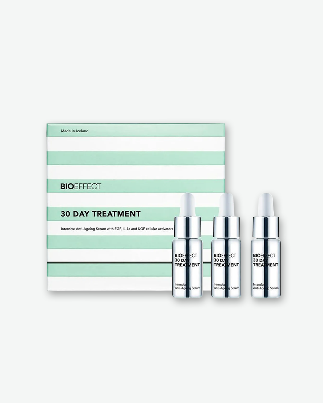 BIOEFFECT 30 Day Treatment with three serum bottles on a white background