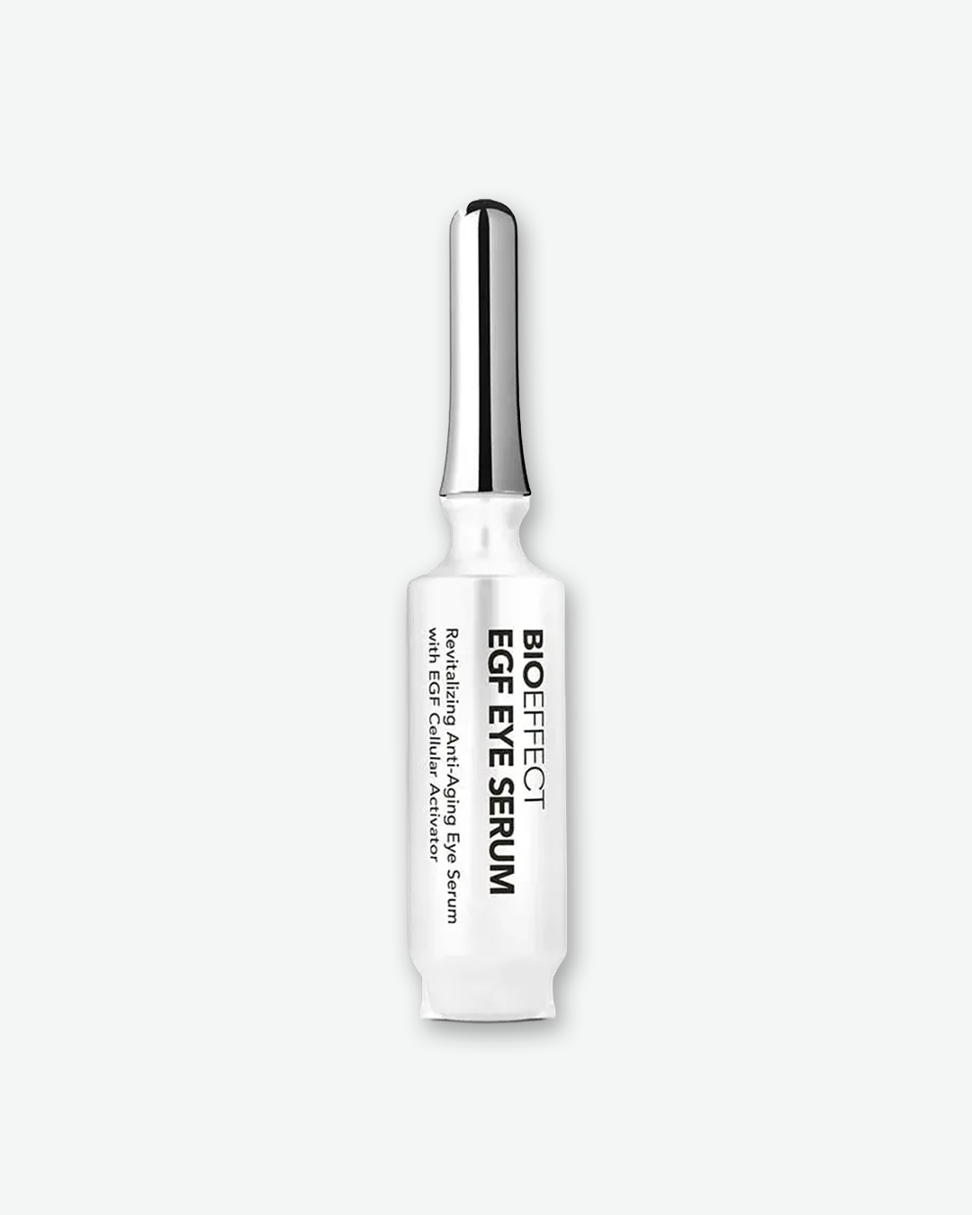 BIOEFFECT EGF Eye Serum in a sleek, white single-dose ampoule vial with a metallic silver applicator tip.