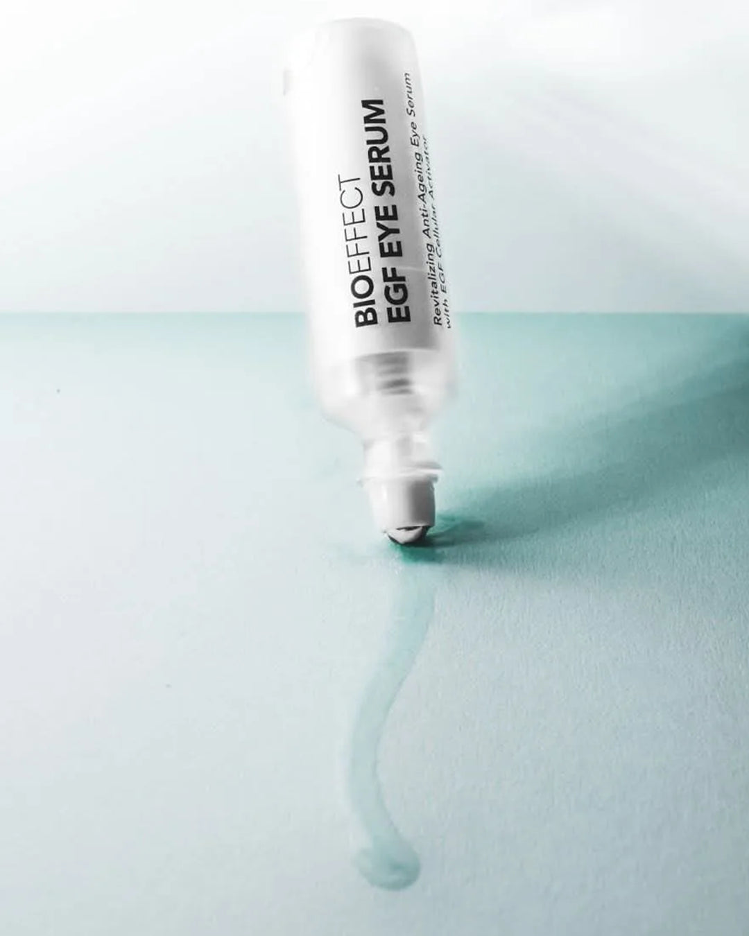 Bioeffect EGF Eye Serum bottle on a light blue background
