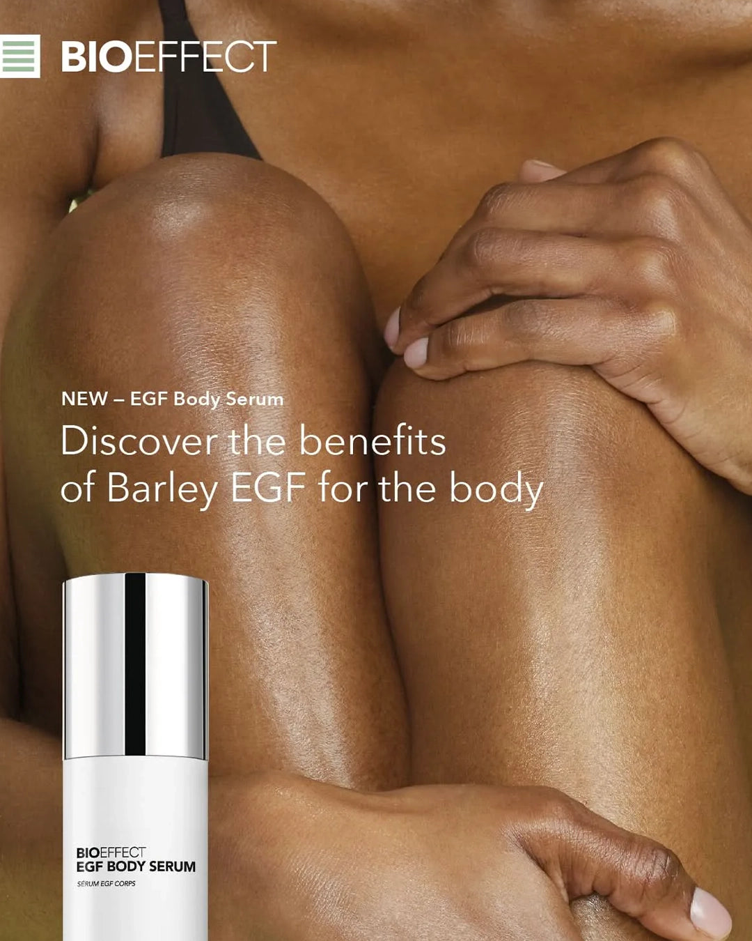 BIOEFFECT EGF Body Serum advertisement with a close-up of skin and a bottle.