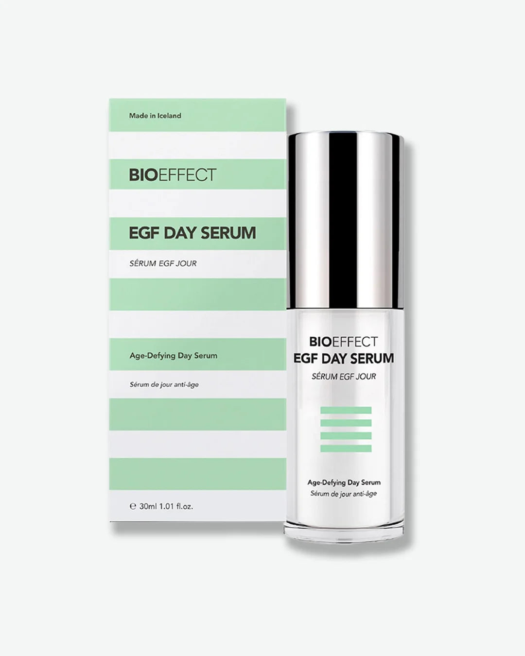 BIOEFFECT EGF Day Serum bottle with a metallic silver cap, standing next to its white and mint green striped product packaging box.