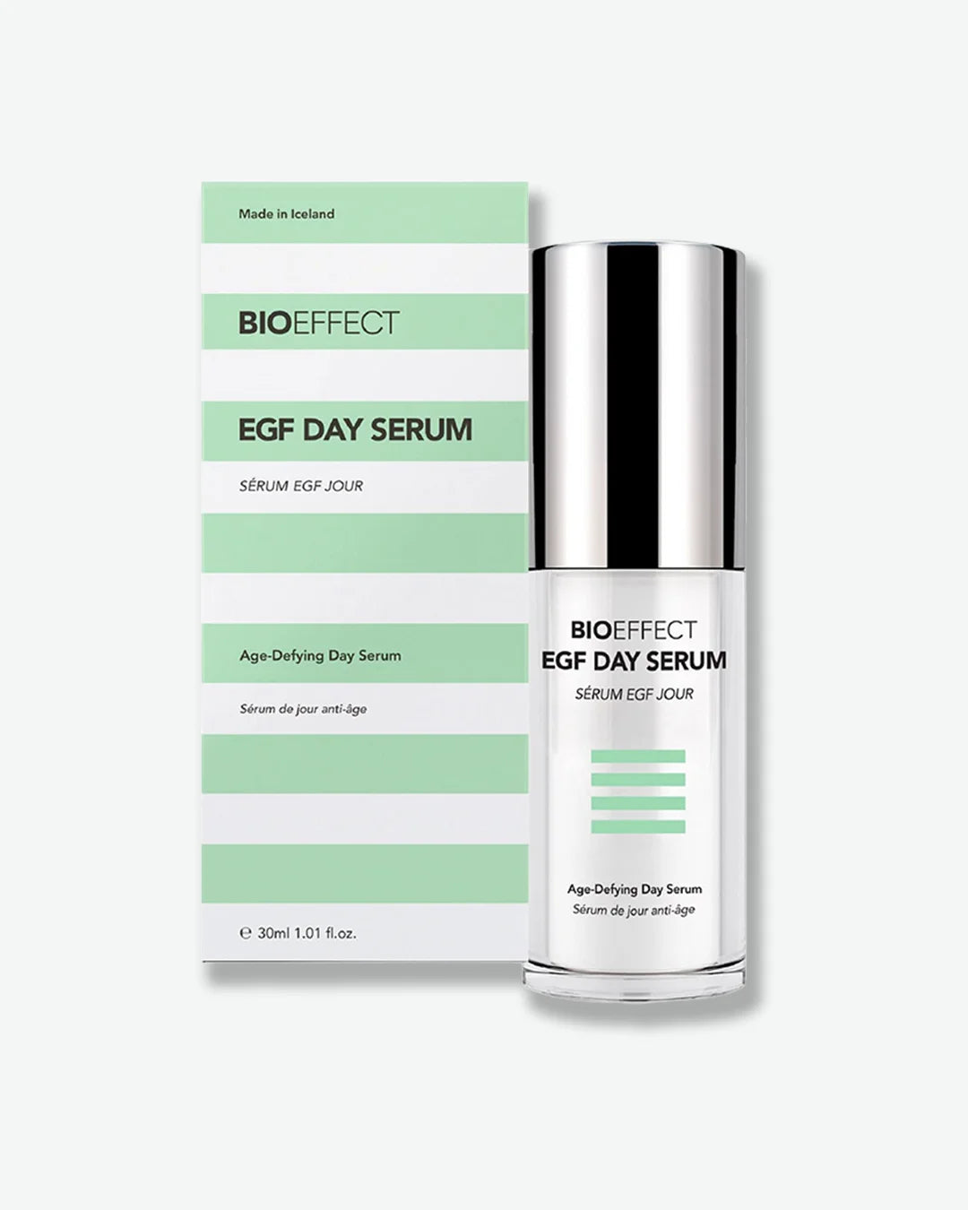 BIOEFFECT EGF Day Serum 30 ml bottle with a metallic silver cap, standing next to its white and mint green striped product packaging box.