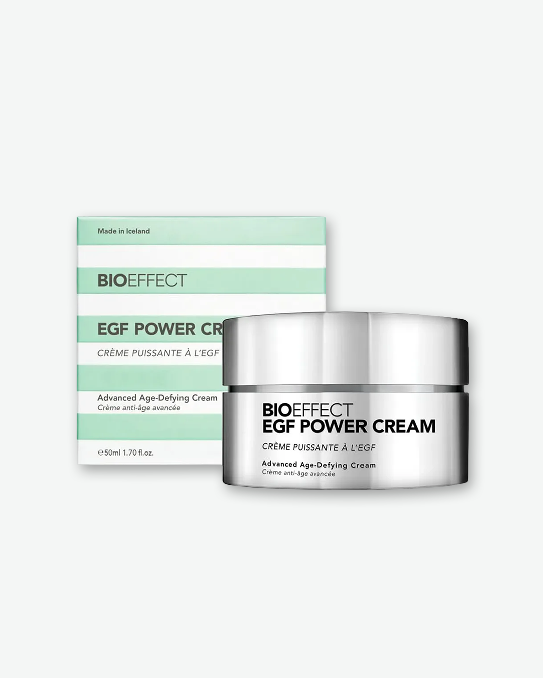 BIOEFFECT EGF Power Cream 50ml (1.70 fl. oz.) in a metallic silver jar, shown next to its signature green-and-white striped outer box.