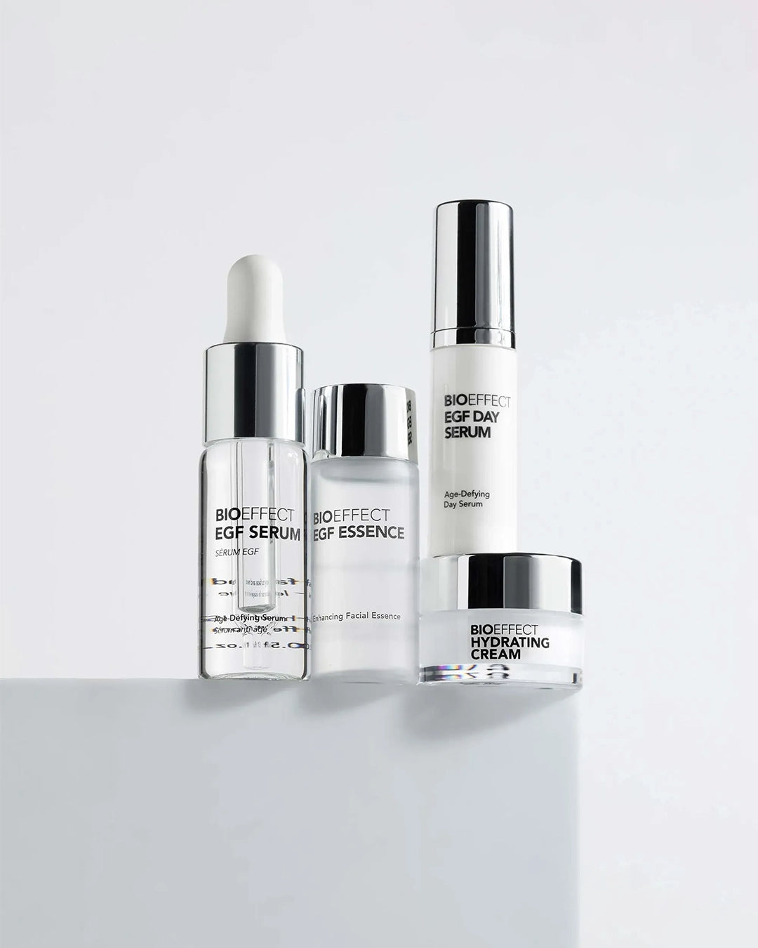 Set of Bioeffect skincare products on a white background