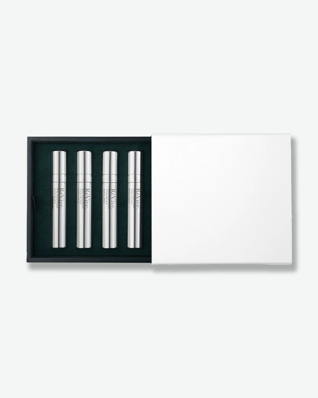 Set of five silver cylindrical objects in a black box on a white background