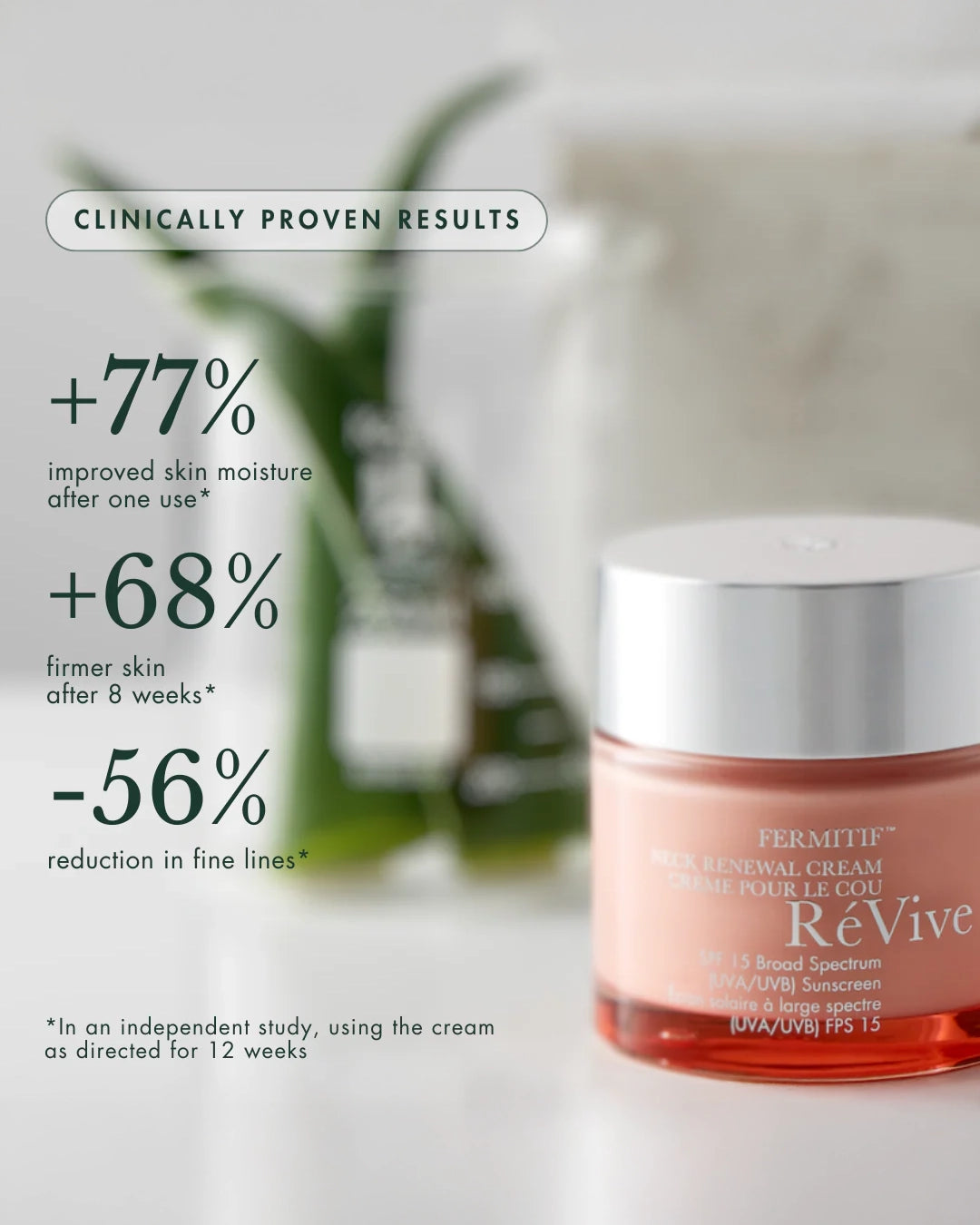 ReVive skincare cream jar with clinical benefits text on a light background