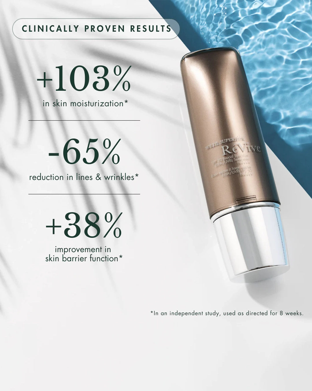Skincare bottle with clinical benefits text on a light background