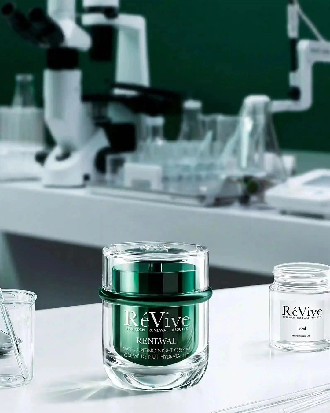 Re Vive skincare product on a lab bench with scientific equipment in the background