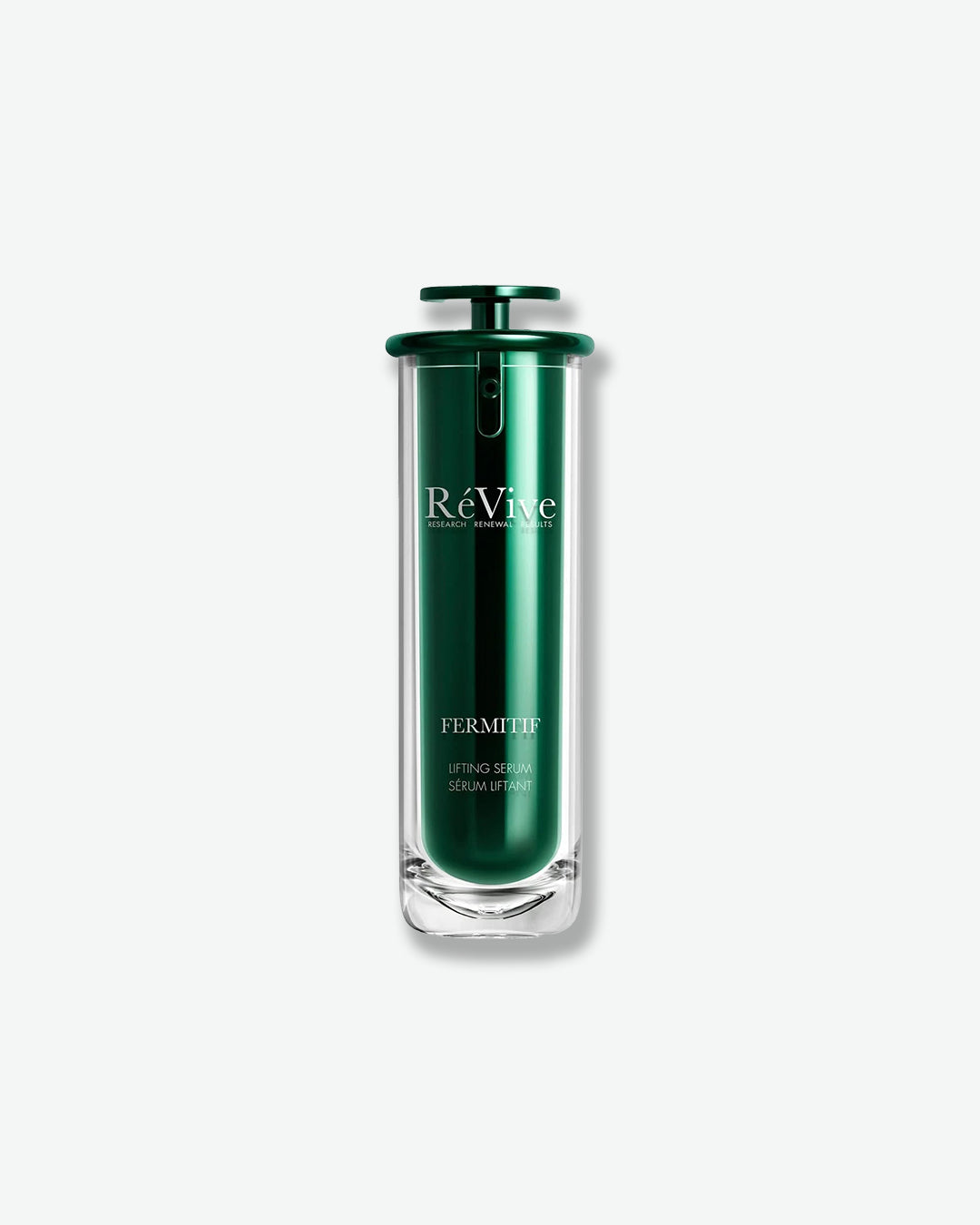 Green skincare bottle with 'ReVive' branding on a white background