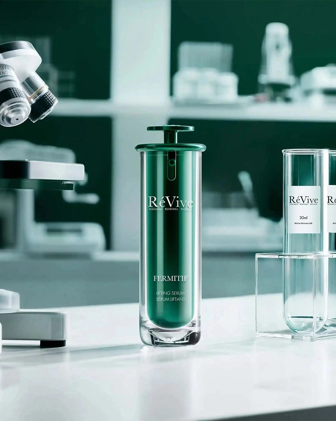 ReVive skincare bottle on a laboratory counter with blurred background