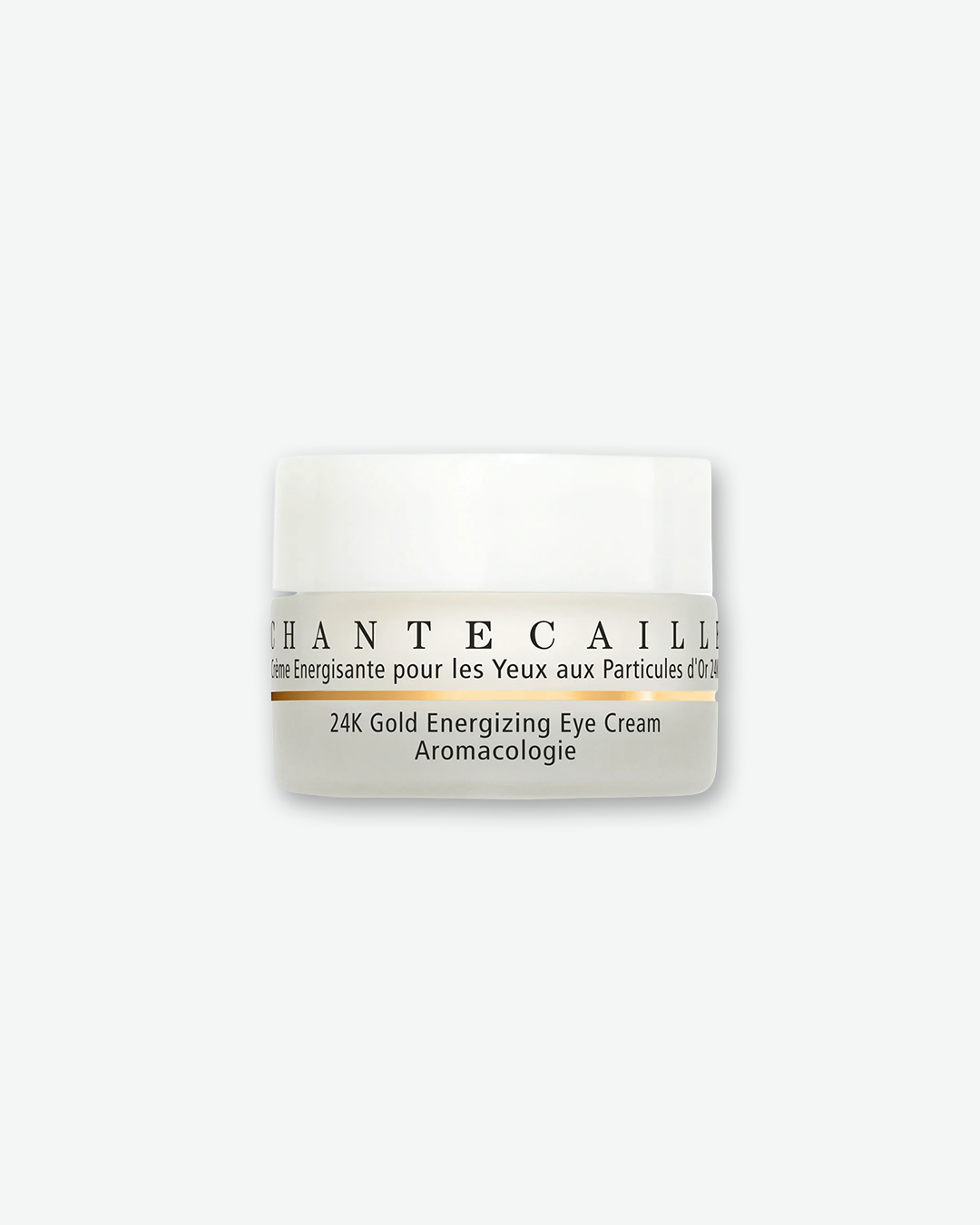 Chantecaille 24K Gold Energizing Eye Cream in a frosted white glass skincare jar with a white lid and a prominent metallic gold accent line under the brand name.