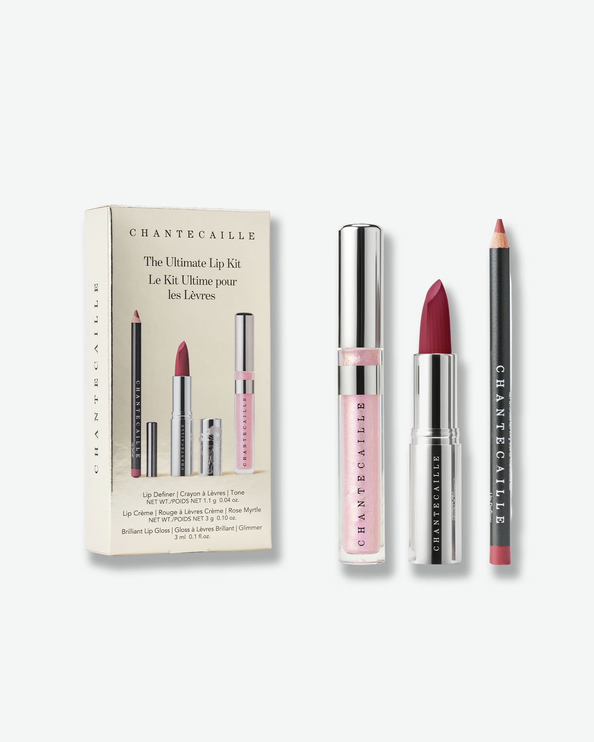 Chantecaille The Ultimate Lip Kit featuring Lip Definer in Tone, Lip Crème in Rose Myrtle, and Brilliant Lip Gloss in Glimmer, shown with the coordinating gift box.