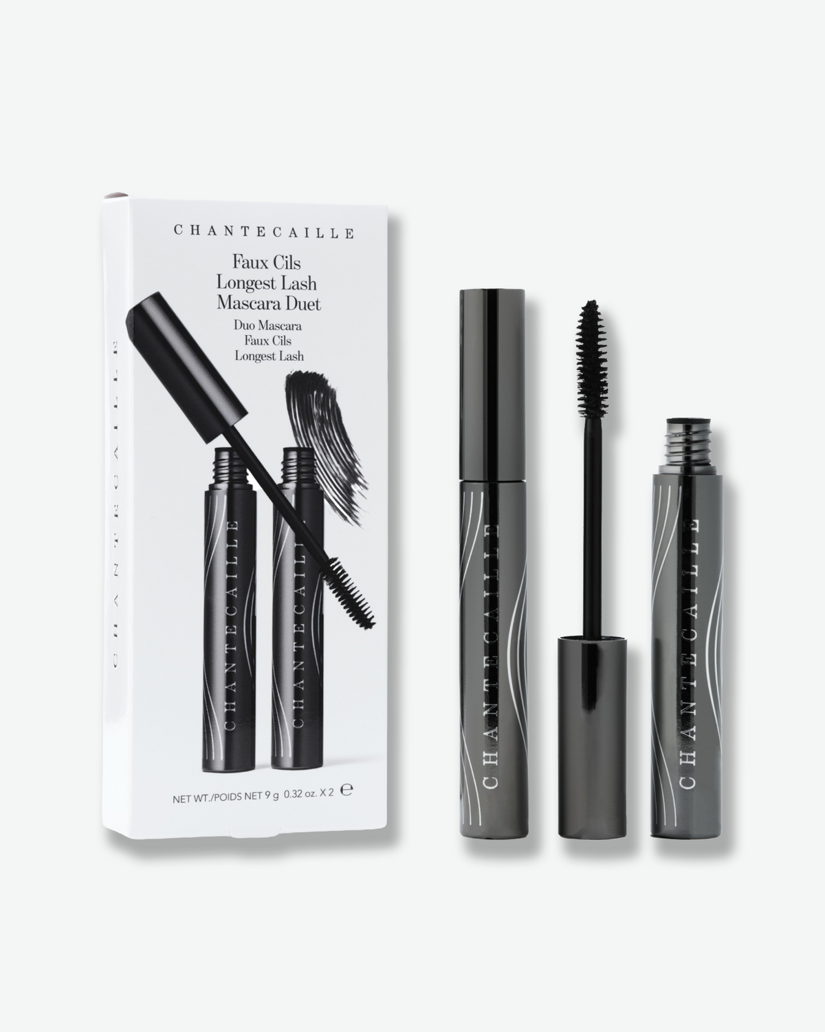 Chantecaille Faux Cils Longest Lash Mascara shown open with the mascara wand and Double Helix brush.