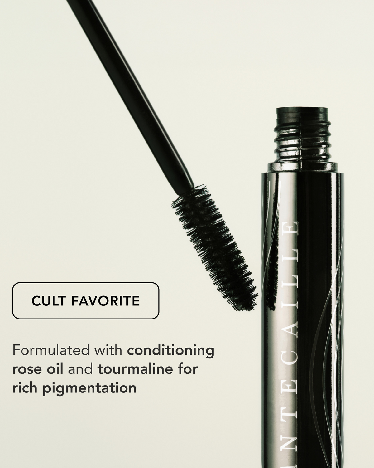 Chantecaille Faux Cils Longest Lash Mascara close-up featuring the mascara wand and conditioning formula with rose oil and tourmaline.