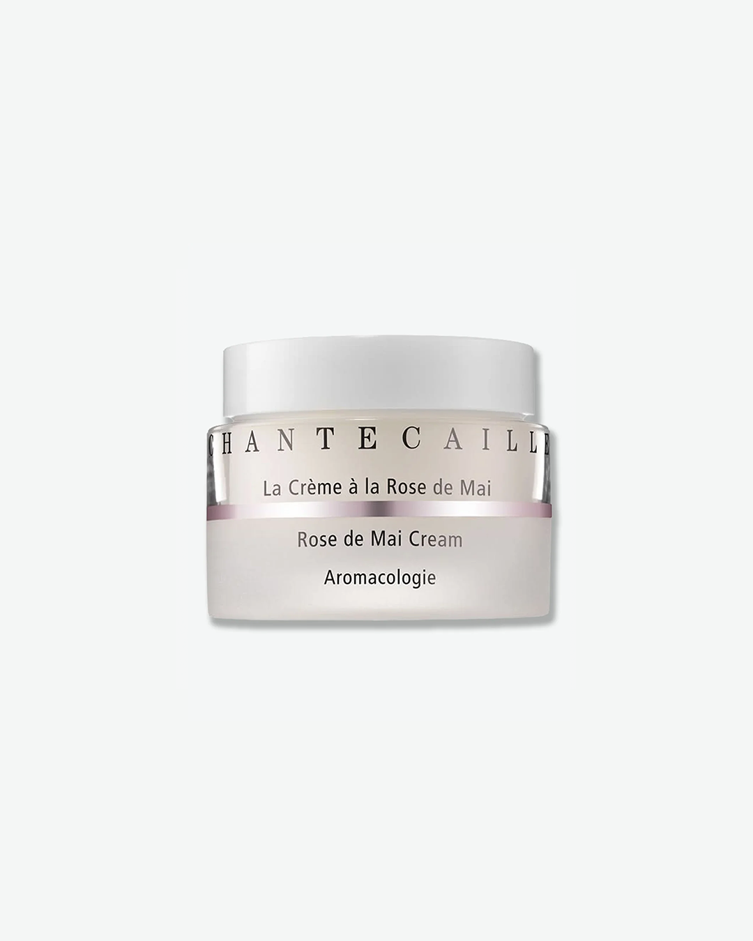 Chantecaille Rose de Mai Cream in a frosted glass skincare jar featuring a subtle metallic pink line accents below the brand name.