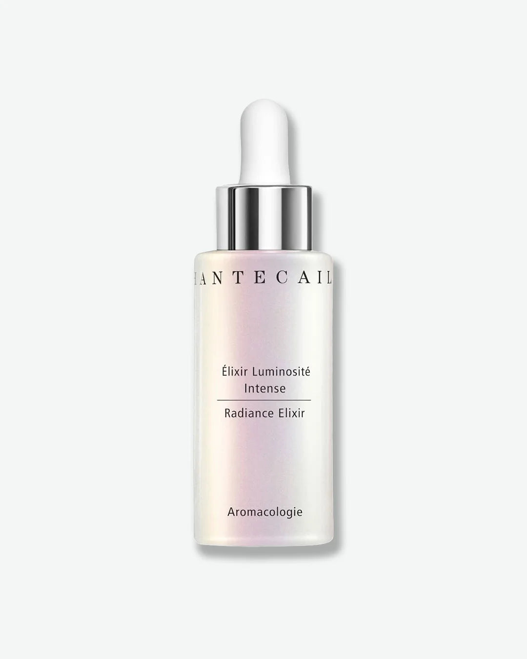 Chantecaille Radiance Elixir, a brightening facial serum in an iridescent pearlescent glass bottle with a silver collar and white dropper applicator. The elegant bottle features the product name on the front and is displayed against a light gray background.