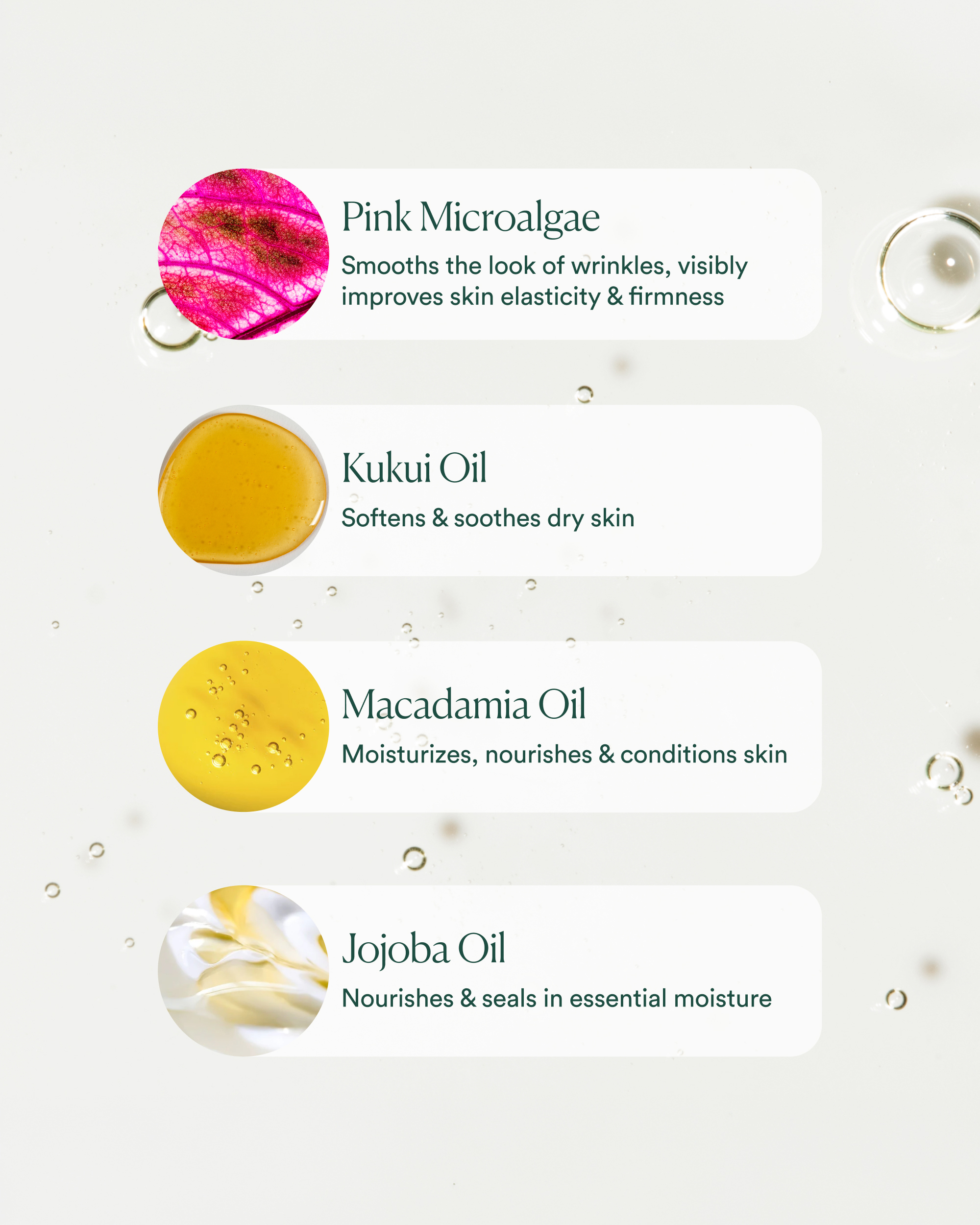 Infographic highlighting four key ingredients on an oil-droplet background: Pink Microalgae, Kukui Oil, Macadamia Oil, and Jojoba Oil.