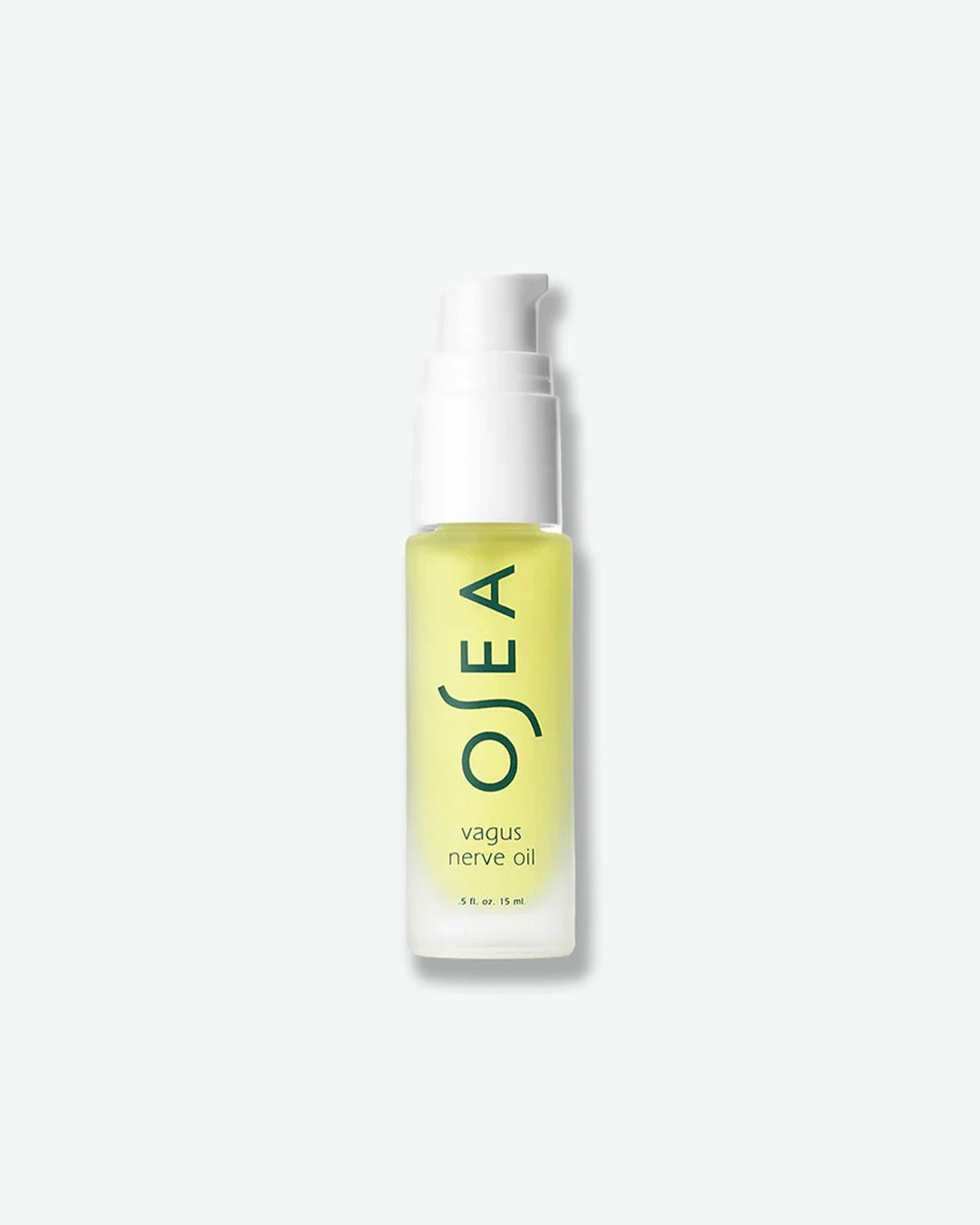 A vertical product shot of OSEA Vagus Nerve Oil in a small 0.5 fl. oz. (15 ml) bottle. The clear, light yellow oil is visible through a slim frosted glass bottle topped with a solid white pump dispenser. The dark green OSEA brand logo and product name are printed down the front against a plain white background.