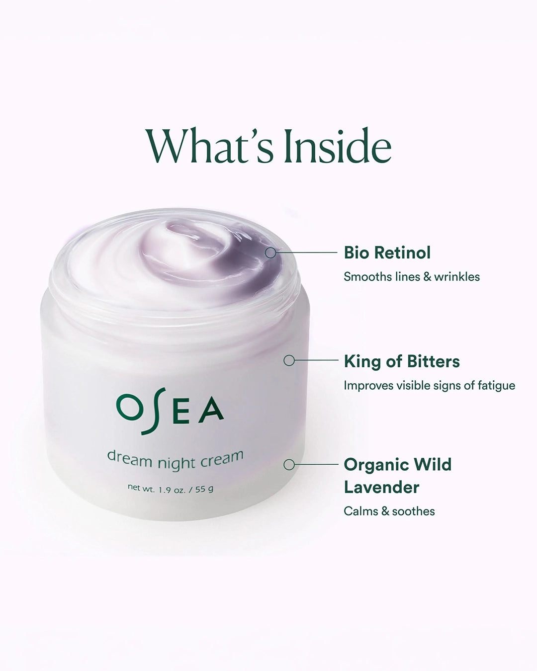 Osea dream night cream jar with ingredients labeled on a white background