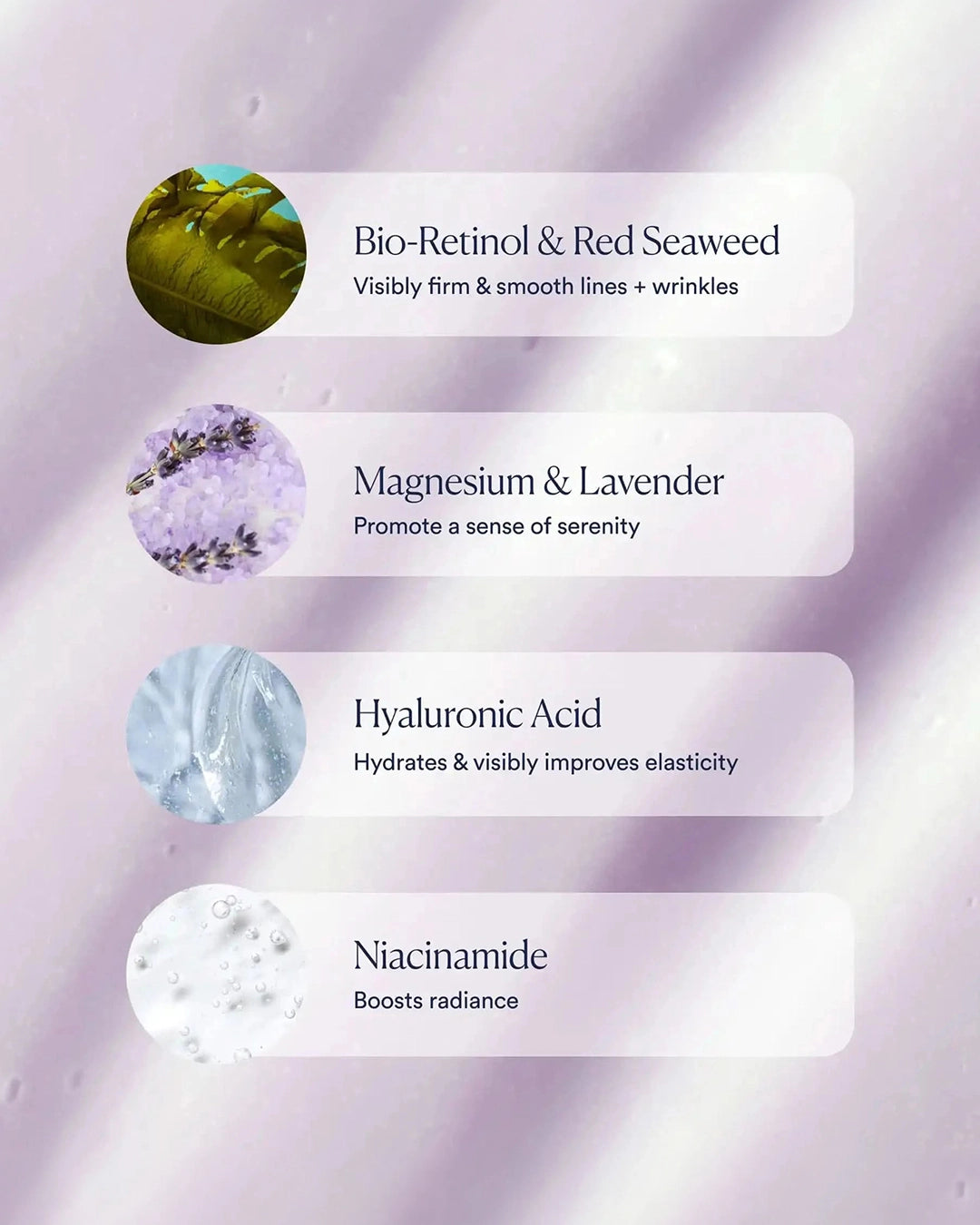 Skincare product ingredients with corresponding benefits on a soft purple background