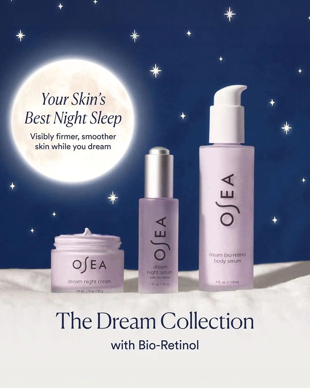 OSEA skincare products with a night sky background and moon, promoting 'Your Skin's Best Night Sleep'.