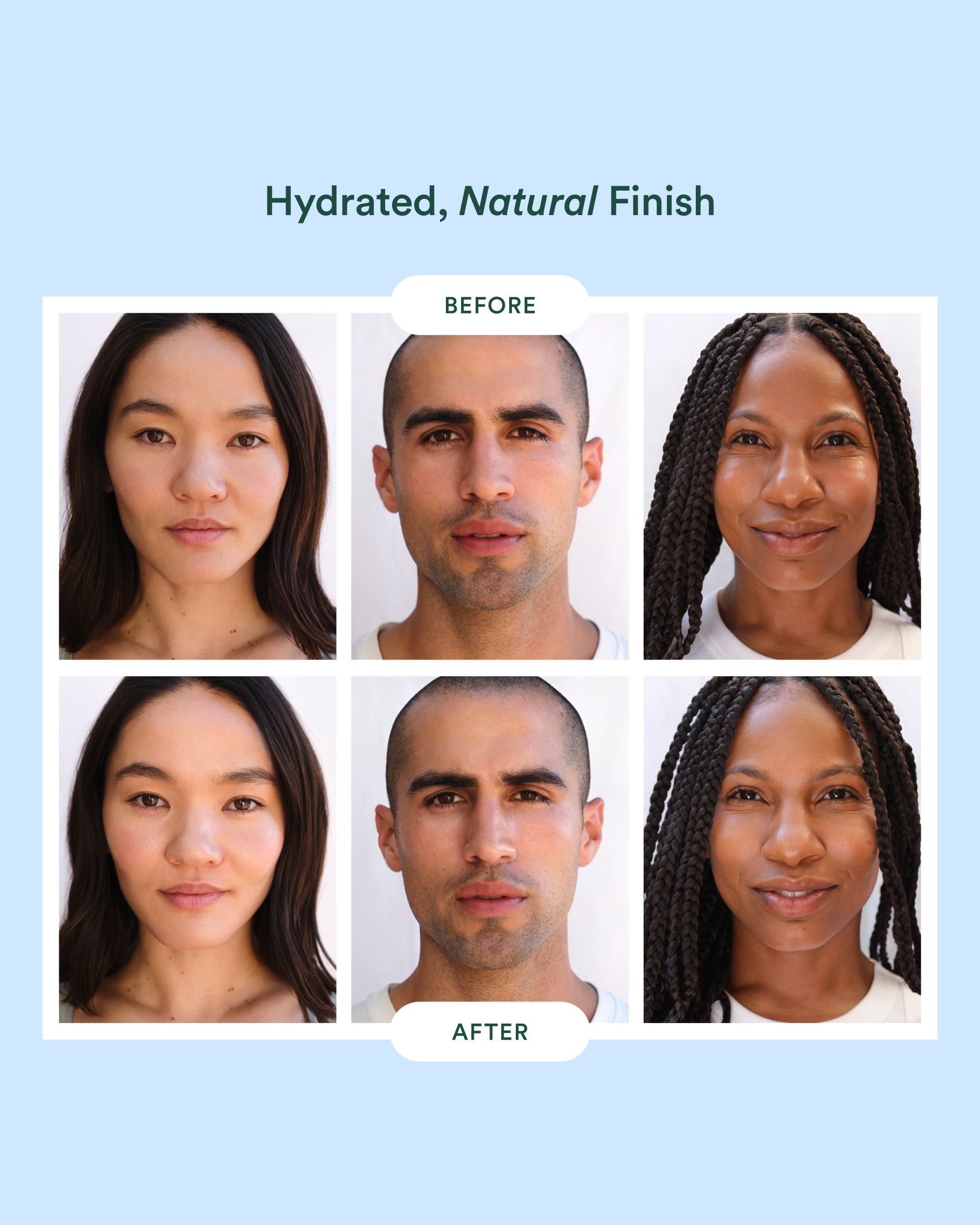 Before and after portrait grid of three individuals showcasing a "Hydrated, Natural Finish" on their skin.
