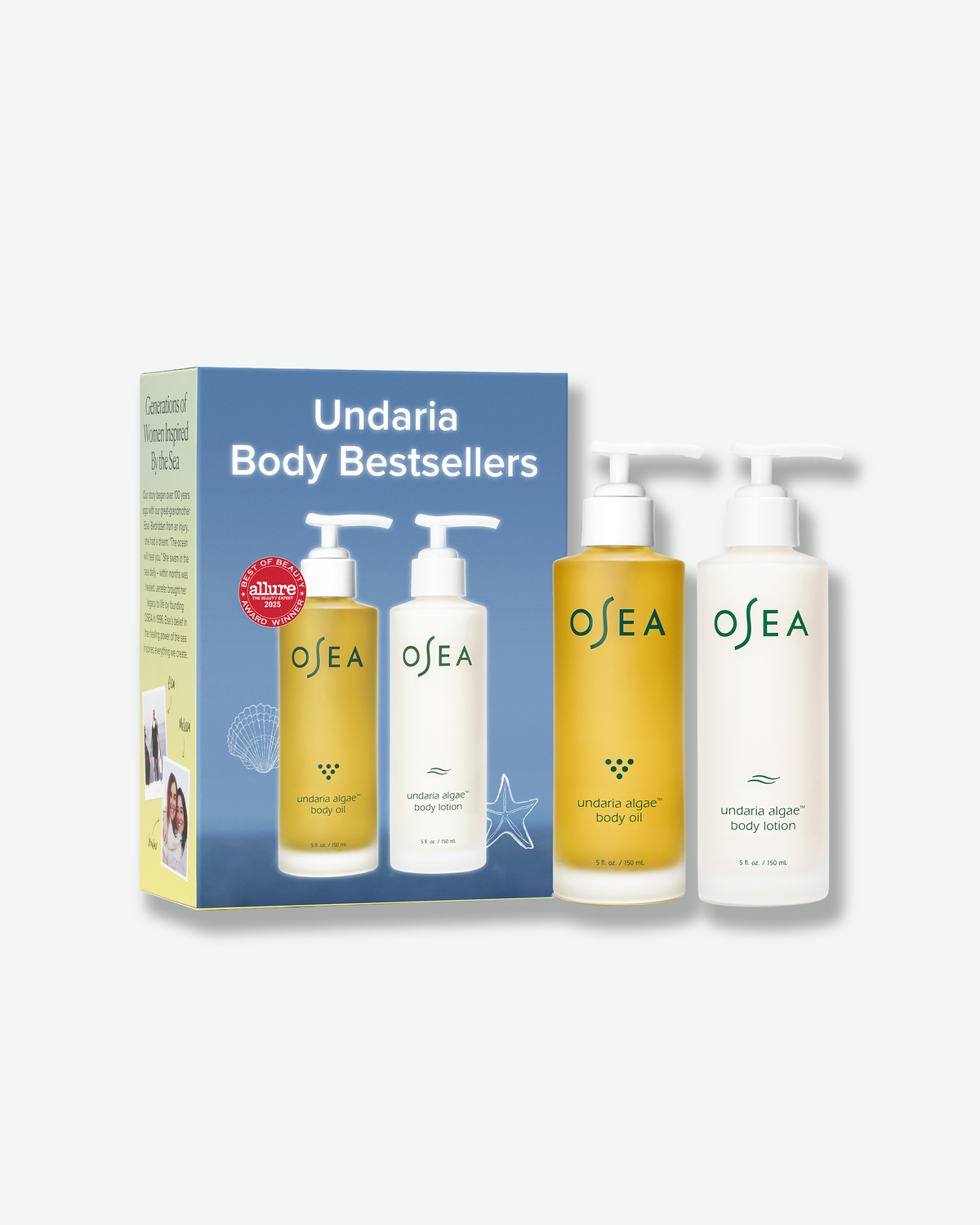 OSEA Undaria Body Bestsellers Set featuring Undaria Algae Body Oil and Undaria Algae Body Lotion in 5 oz pump bottles, displayed alongside blue gift packaging.