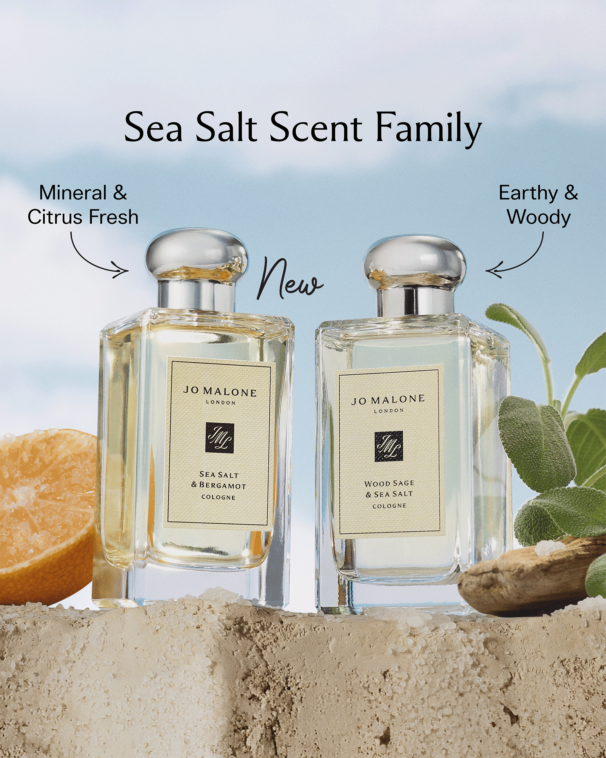 Two Jo Malone London Sea Salt Scent Family cologne bottles displayed on a sandy surface against a sky-blue background, with scent notes 'Mineral & Citrus Fresh' and 'Earthy & Woody' plus a 'New' label.