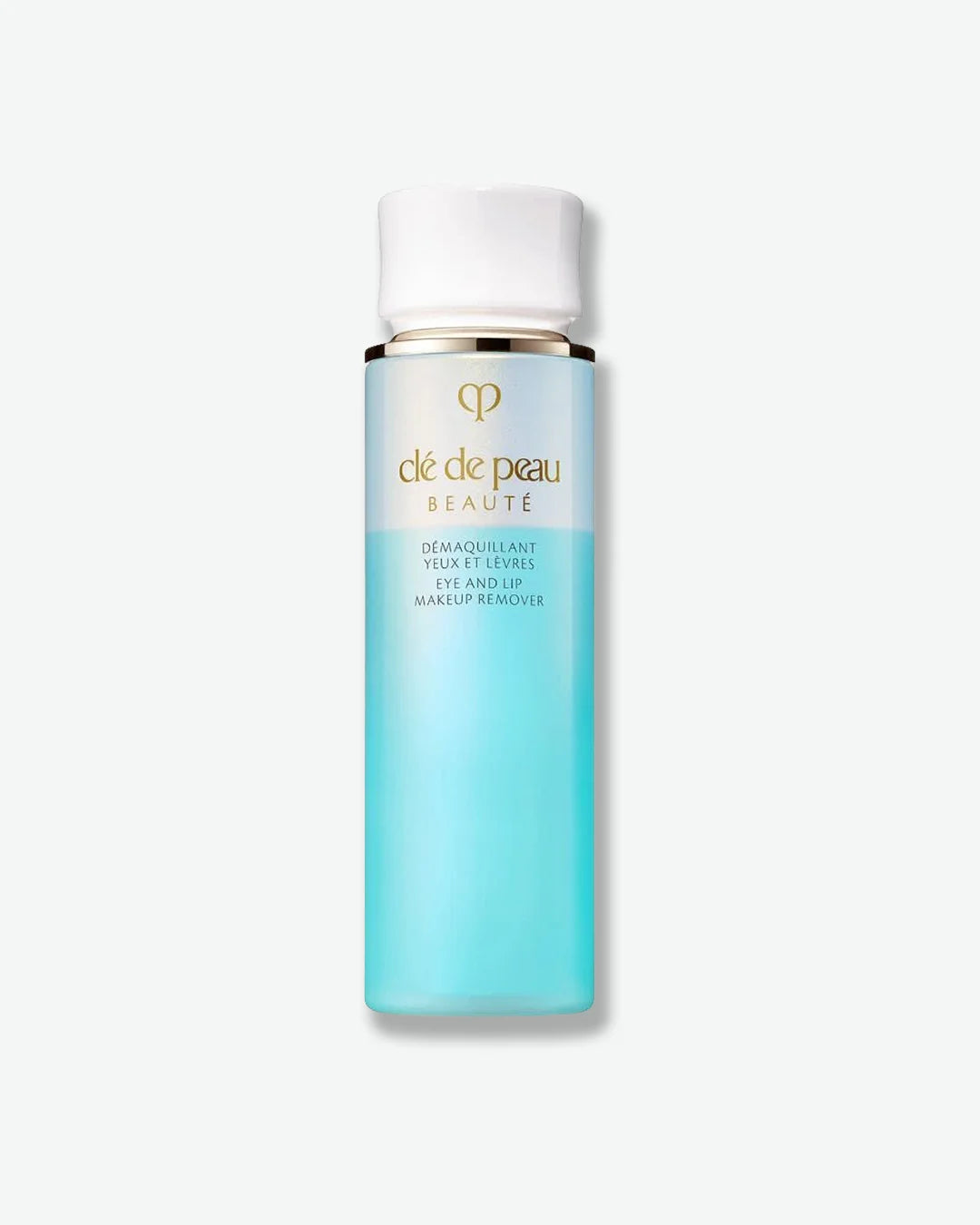 Blue skincare bottle with white cap on a light gray background