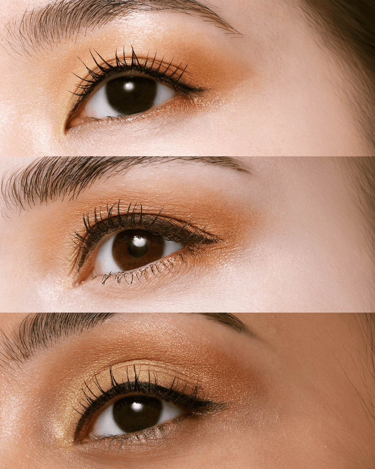 Three close-up eye makeup looks featuring luminous gold, warm bronze, and soft peach shades from the Clé de Peau Beauté holiday eyeshadow palette.