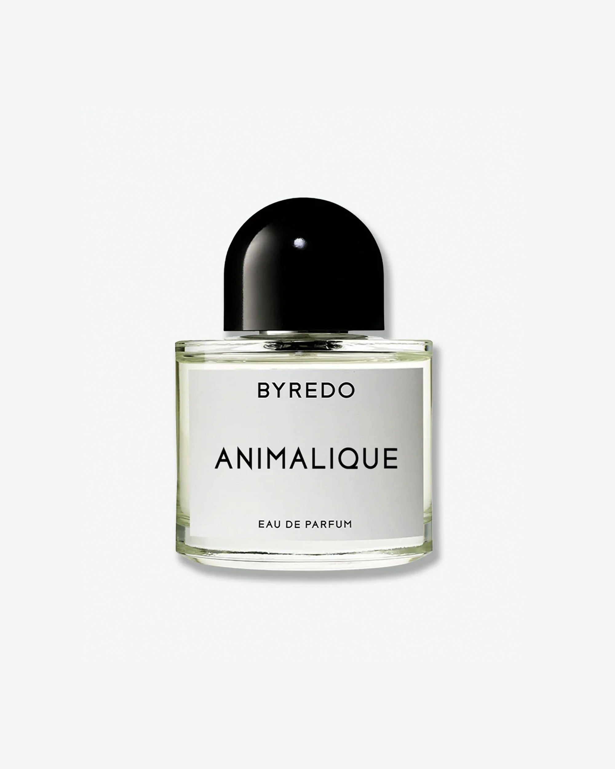 Byredo Animalique Eau De Parfum in a minimalist clear glass bottle with a rounded black cap and a white label, isolated on a light grey background.