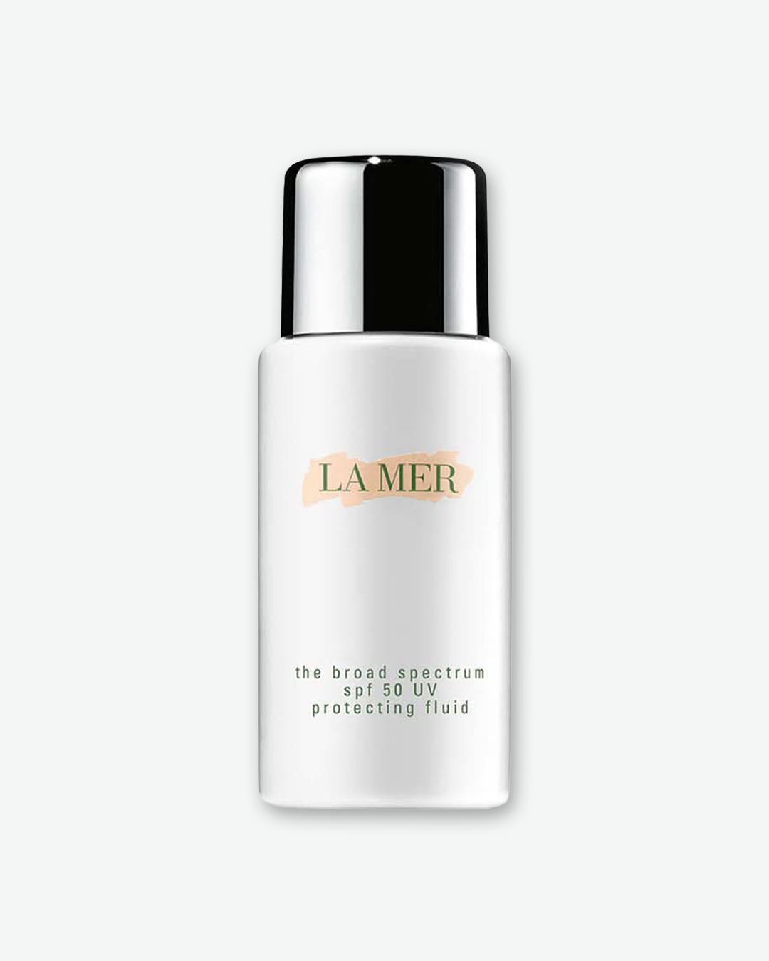 A product shot of a La Mer The Broad Spectrum SPF 50 UV Protecting Fluid bottle, centered against a plain light gray background. The flat, rectangular bottle is solid white and features a glossy black screw cap. The front displays the classic pale pink paint-stroke background with the dark green "LA MER" logo, above dark green text identifying the sunscreen fluid.